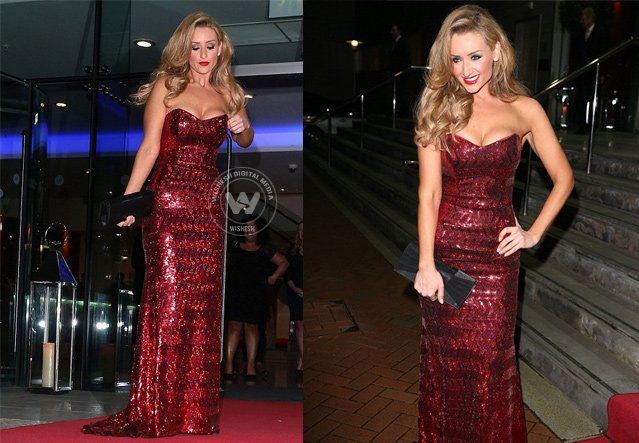 Catherine Tyldesley in glittering red gown at Manchester's Mirror Ball