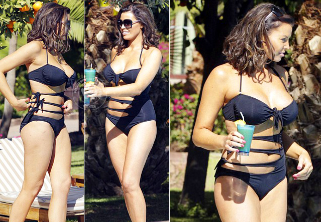 Jessica Wright into an unusual tie-up swimsuit