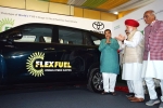 hydrogen electric vehicle, MPV Innova HyCross, world s first flex fuel ethanol powered car launched in india, Carbon emission